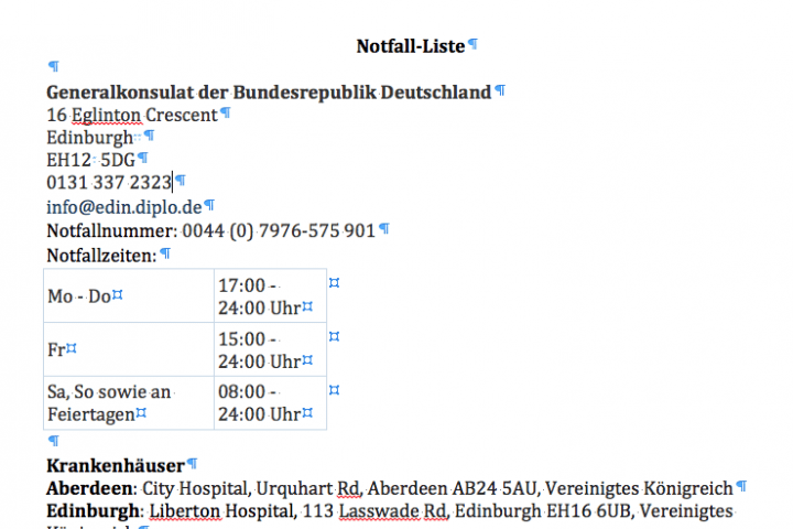 Adressen und Nummern für den Notfall