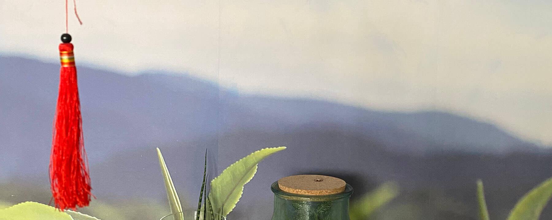 Bleibende Urlaubserinnerung: Teeplantage aus Malaysia im Wohnzimmer. Vorne im Bild eine Schnitzerei aus China.